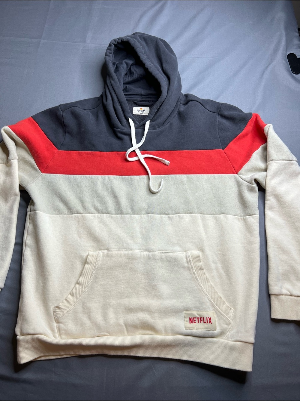 Marine Layer x Netflix Colorblock Hoodie, Large: Navy, Red, Beige and Cream